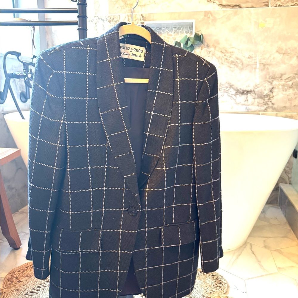 Vintage Silk Blazer Glueck Focus 2000 100% Silk Windowpane Blazer Size 10